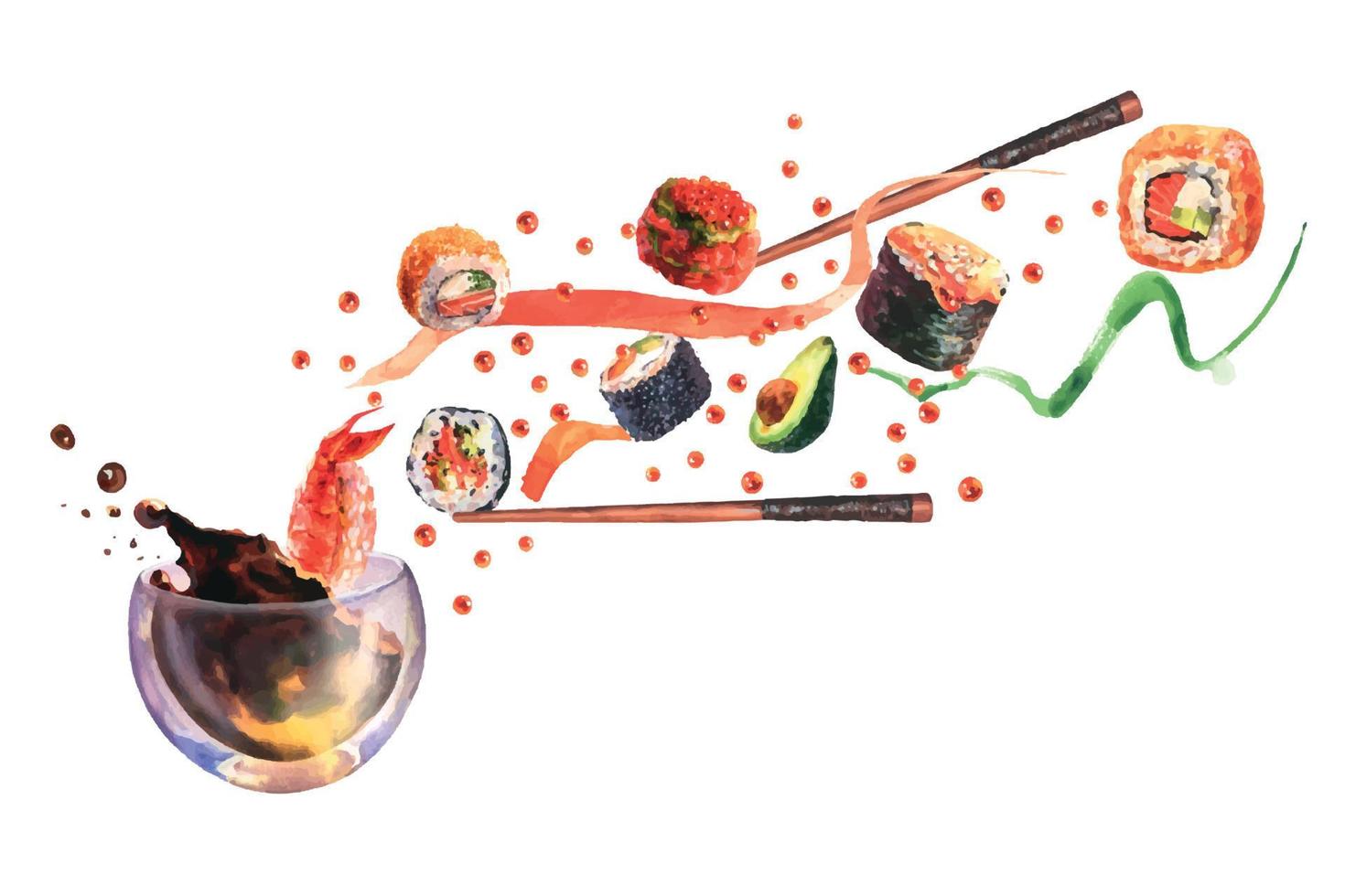 waterverf samenstelling met sushi, plons saus, ingrediënt voor sushi Aan wit achtergrond. voor ontwerp sushi restaurant menu, kaarten, afdrukken, ontwerp, behang, keuken handdoek. vector