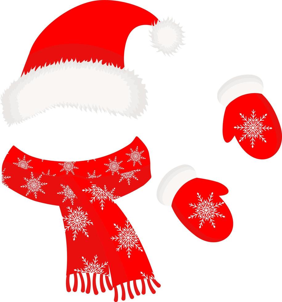 Kerstmis hoed, de kerstman claus sjaal en wanten. weinig rood rijden kap, sjaal en wanten met sneeuwvlokken. vector hand getekend illustratie in tekenfilm stijl. winter mode. Kerstmis accessoires.