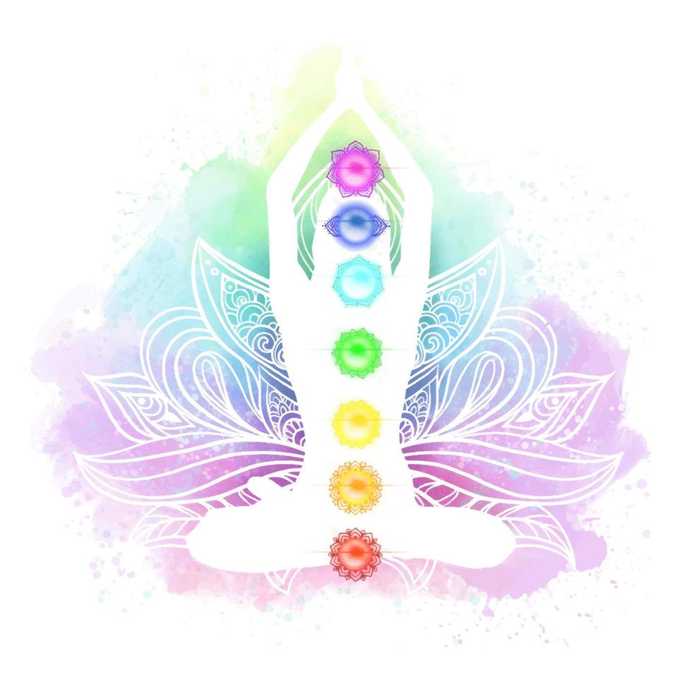vrouw zittend in lotus positie. meditatie, aura en chakra's. vector illustratie