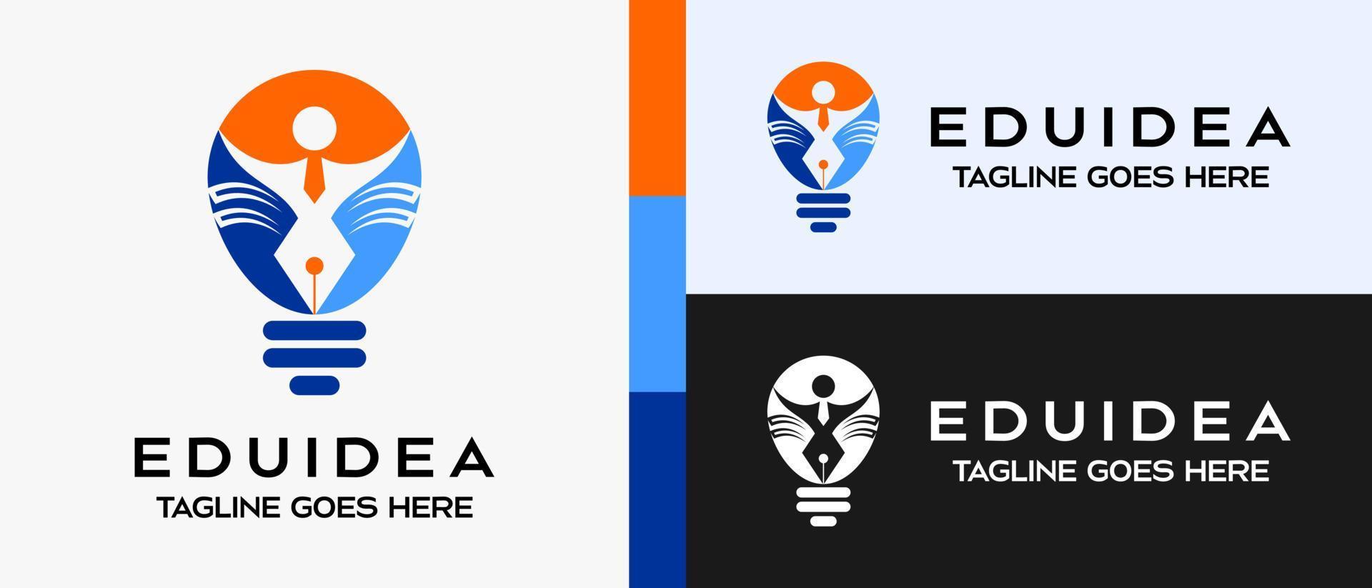 logo symbool voor onderwijs. de icoon van een persoon of leerling in een stropdas met een pen in een licht lamp. onderwijs vector logo sjabloon.