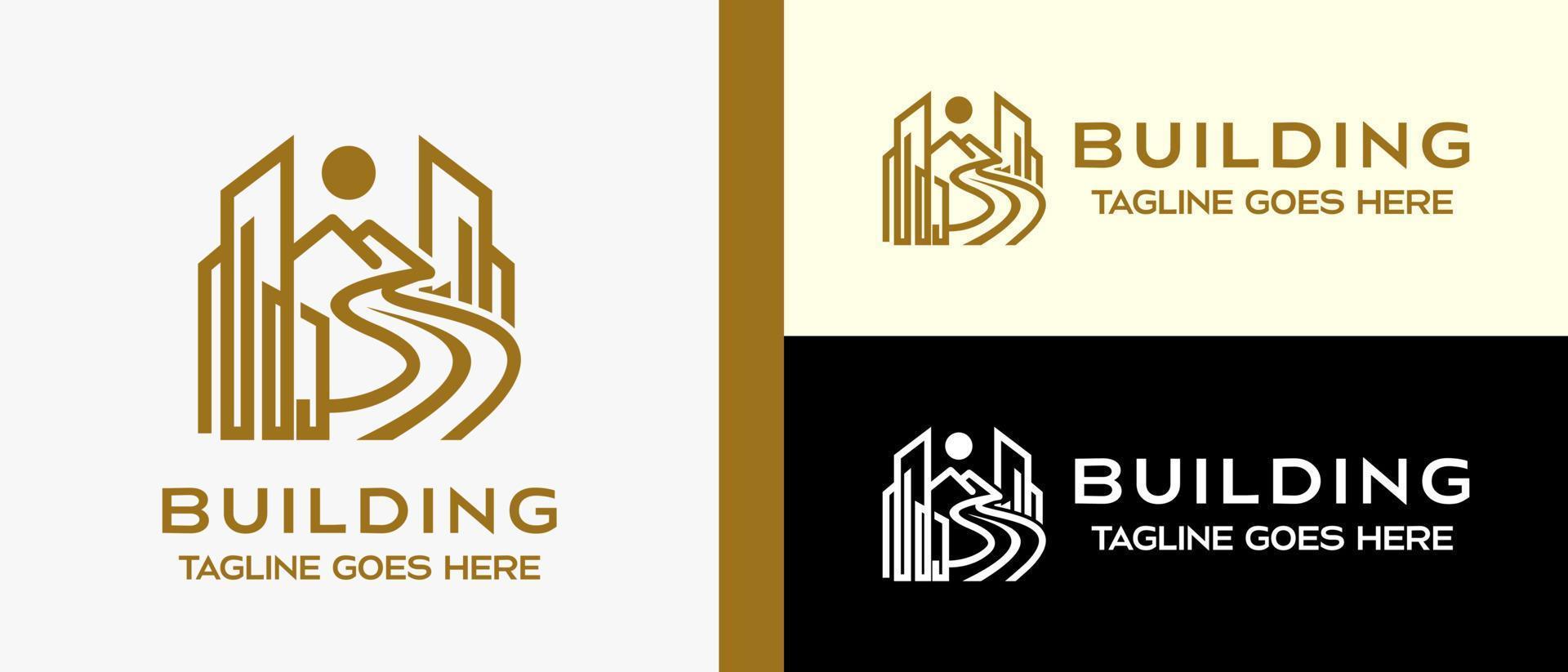 gebouw, snelweg, berg en zon of maan ontwerp logo sjabloon in luxe lijnen. creatief logo voor gebouw, bouw, hotel, appartement, architect of huisvesting. vector illustratie