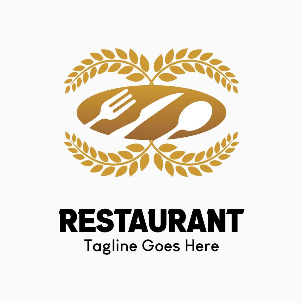 inspirerend restaurant vector logo. abstract creatief logo. tarwe of rijst- graan icoon en bestek in een ovaal bord. klassiek, wijnoogst en modern logo illustratie. bedrijf bedrijf logo sjabloon.