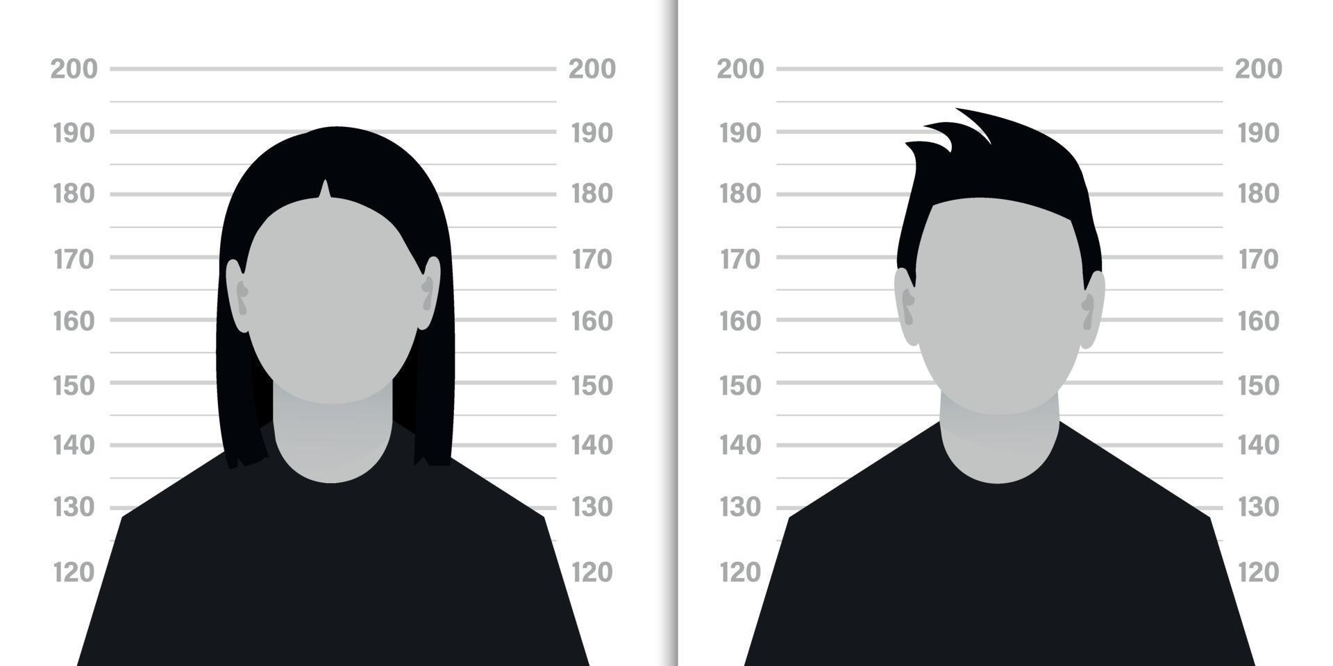 voorkant visie van de verdachte silhouet. silhouet van anoniem Mens en vrouw met vraag Mark Aan achtergrond van crimineel Vermelding of Politie serieel. vector illustratie