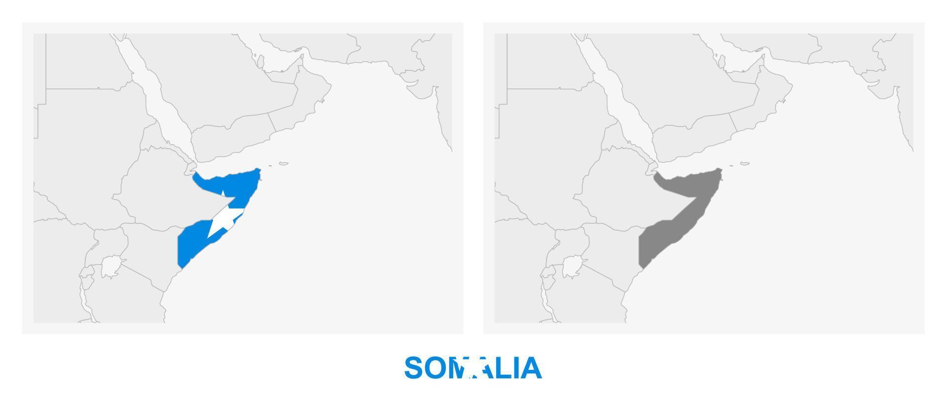 twee versies van de kaart van Somalië, met de vlag van Somalië en gemarkeerd in donker grijs. vector