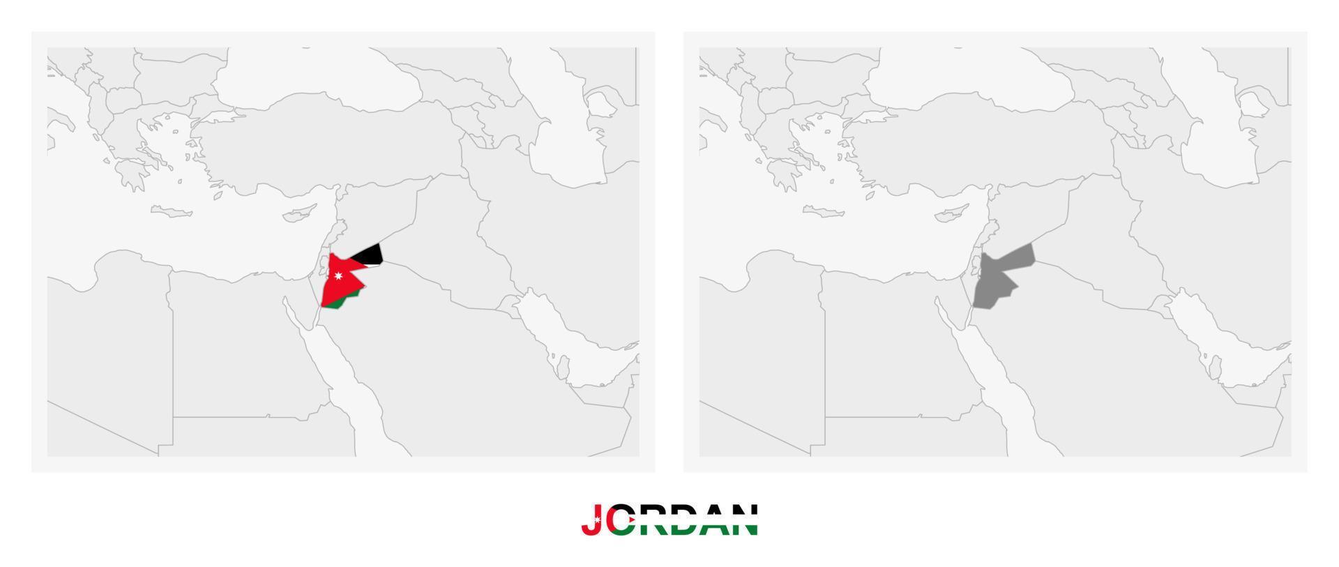 twee versies van de kaart van Jordanië, met de vlag van Jordanië en gemarkeerd in donker grijs. vector