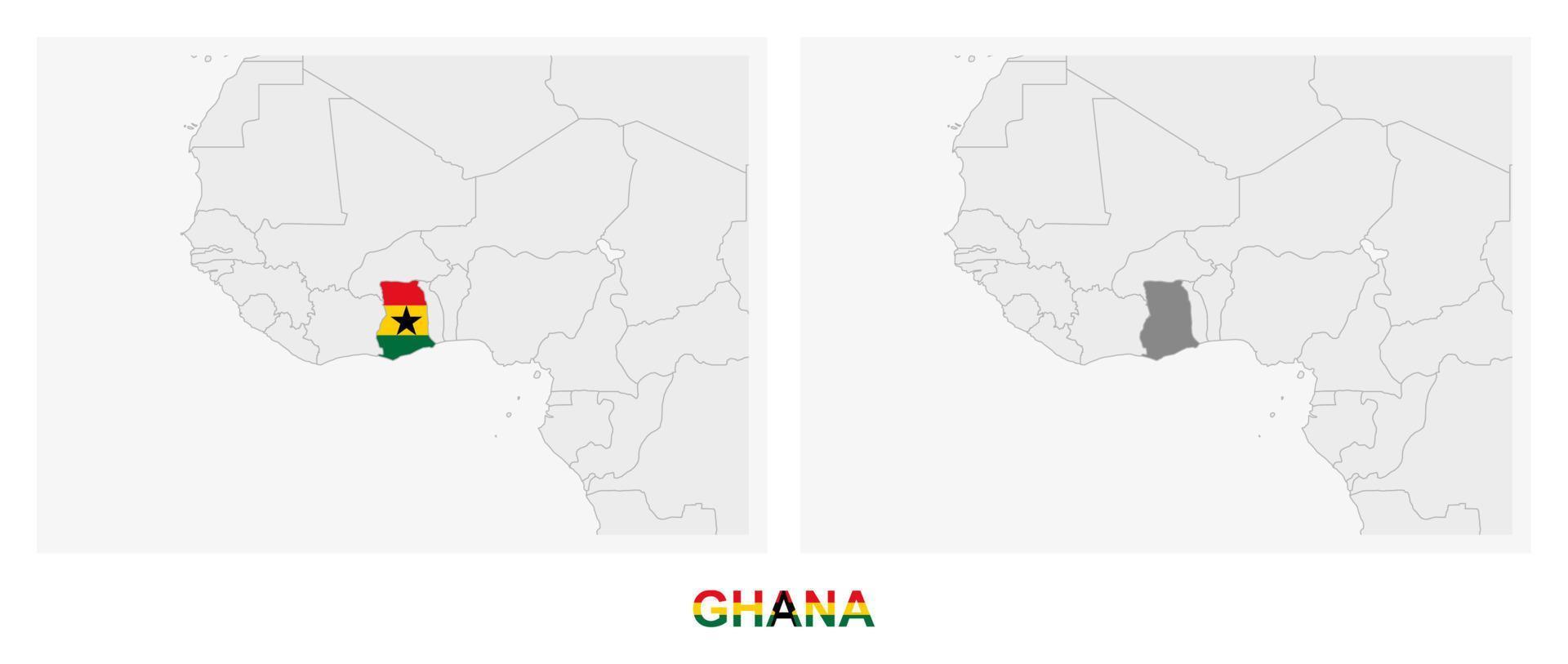 twee versies van de kaart van Ghana, met de vlag van Ghana en gemarkeerd in donker grijs. vector