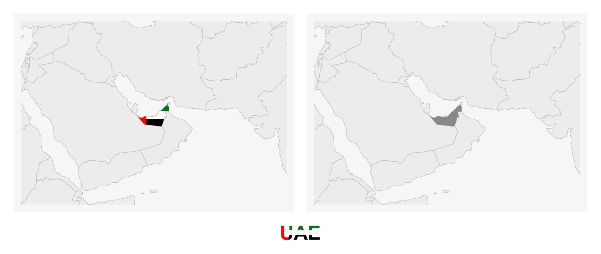twee versies van de kaart van Verenigde Arabisch emiraten, met de vlag van uae en gemarkeerd in donker grijs. vector