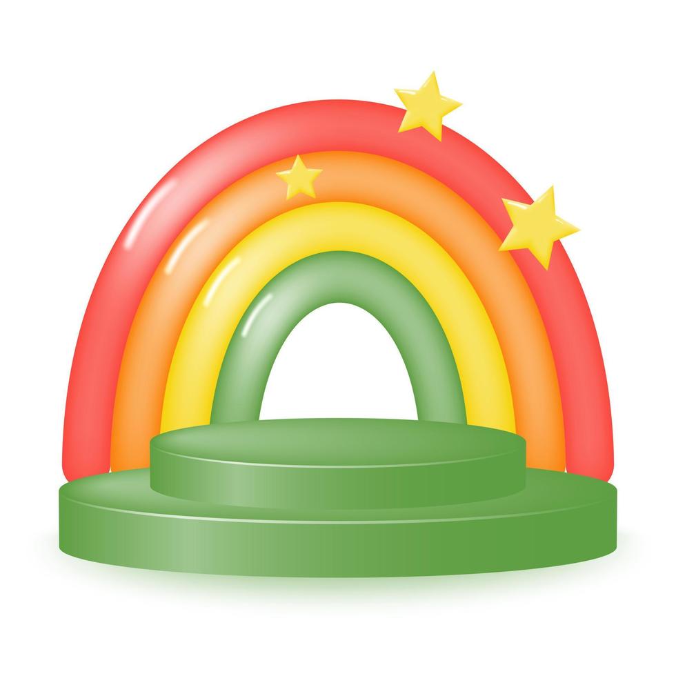 groen ronde podium met tekenfilm regenboog en sterren en geïsoleerd Aan wit achtergrond. kleurrijk podium voor Product Promotie. vector illustratie.