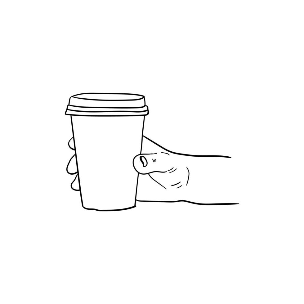 hand- Holding een kop van koffie icoon, hand- getrokken lijn kunst van hand- Holding een kop van koffie vector