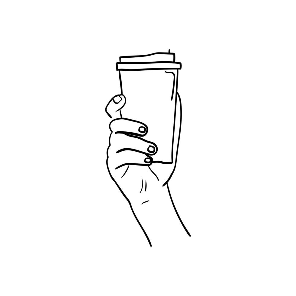 hand- Holding een kop van koffie icoon, hand- getrokken lijn kunst van hand- Holding een kop van koffie vector