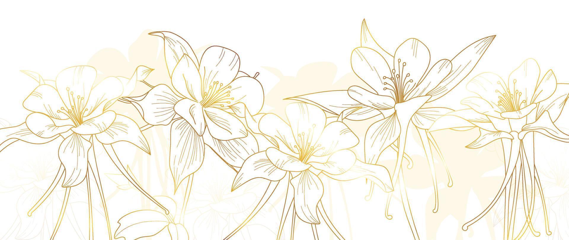 luxe bloemen gouden lijn kunst behang. elegant bloeiend gouden wilde bloemen patroon achtergrond. ontwerp illustratie voor decoratief, kaart, huis decor, uitnodiging, verpakking, afdrukken, omslag, spandoek. vector