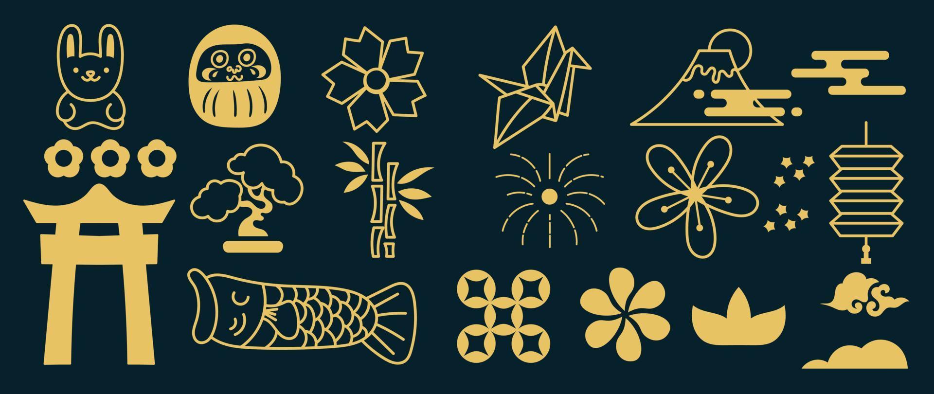 gelukkig nieuw jaar element Japans vector set. gouden hand- getrokken tekening konijn, bonsai, fuji, bloemen, bamboe, wolken, Japans patroon, koi vis Aan donker achtergrond. ontwerp voor sticker, stempel, kaart.