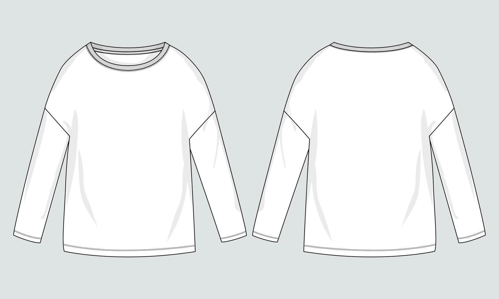 lang mouw t-shirt tops technisch mode vlak schetsen vector sjabloon voor vrouwen.