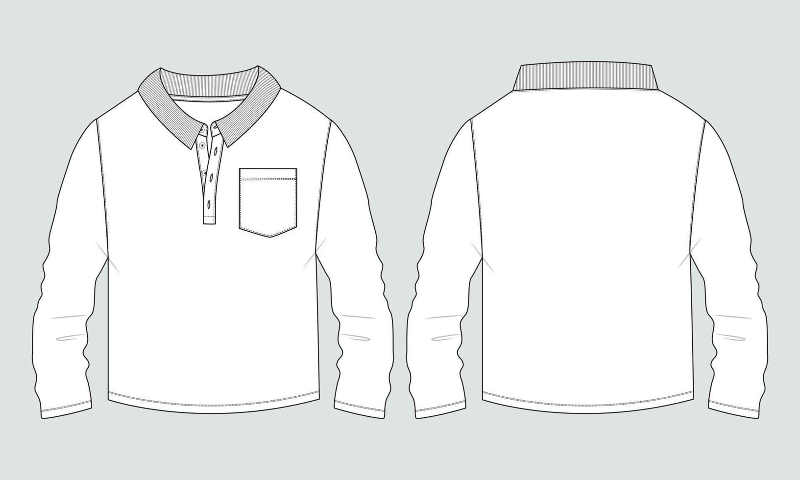 poloshirt met lange mouwen met zak technische mode platte schets vector illustratie sjabloon voor- en achterkant uitzicht.