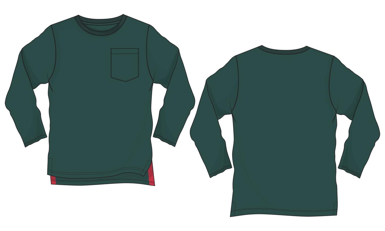 T-shirt met lange mouwen technische mode platte schets vector illustratie sjabloon voor- en achterkant weergaven