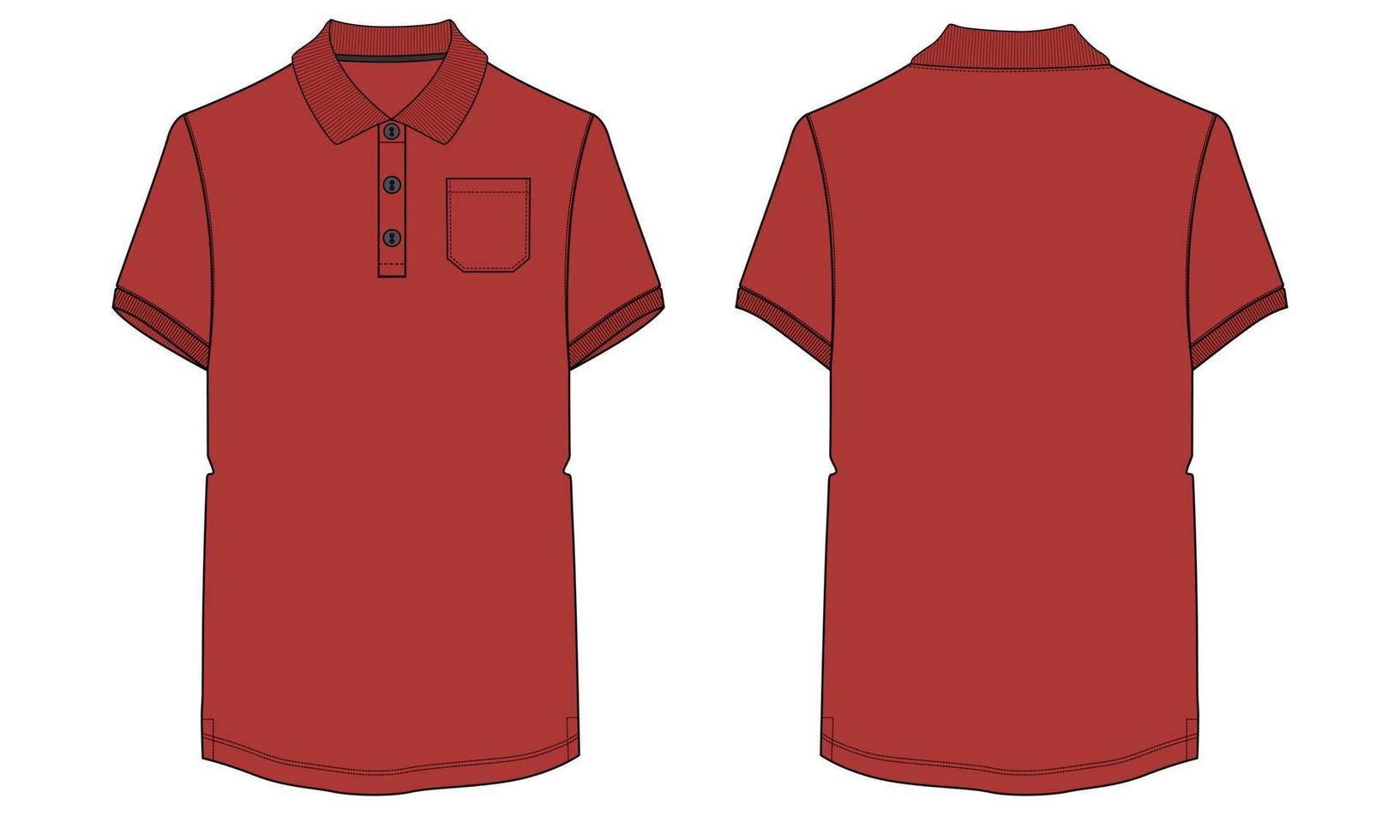 kort mouw polo overhemd met zak- technisch mode vlak schetsen vector illustratie sjabloon voorkant en terug keer bekeken.