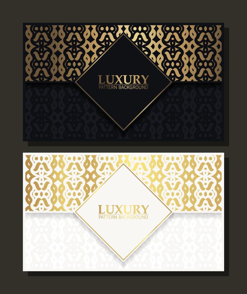 luxe wit en zwart bedrijf kaart en wijnoogst ornament logo vector sjabloon. retro elegant bloeit sier- kader ontwerp met patroon achtergrond