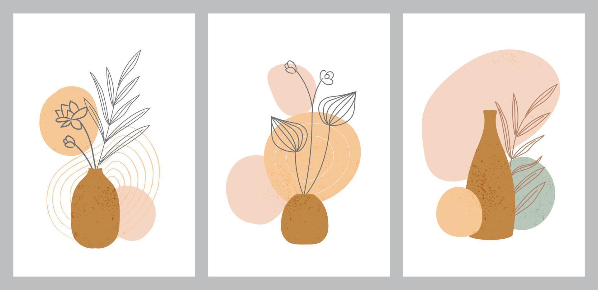 botanische muur kunst vector set. bloemen en gebladerte lijntekeningen met abstracte vorm. abstract plantkunstontwerp voor print, omslag, behang, minimale en natuurlijke kunst aan de muur. vector illustratie.