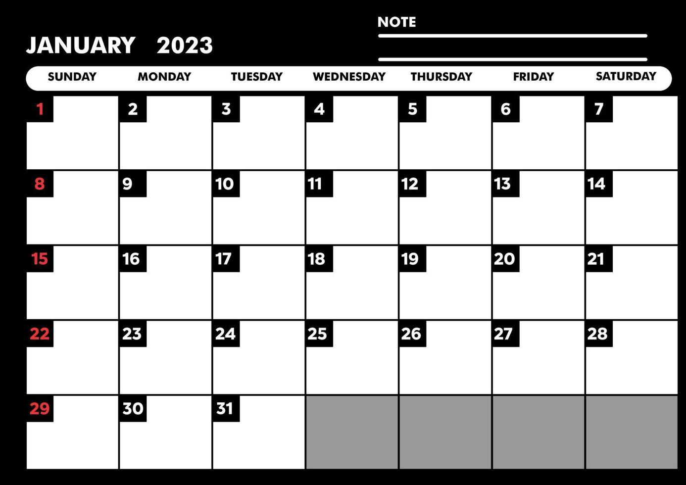 kalender januari 2023 maand voor schaven in mode zwart a4 vector