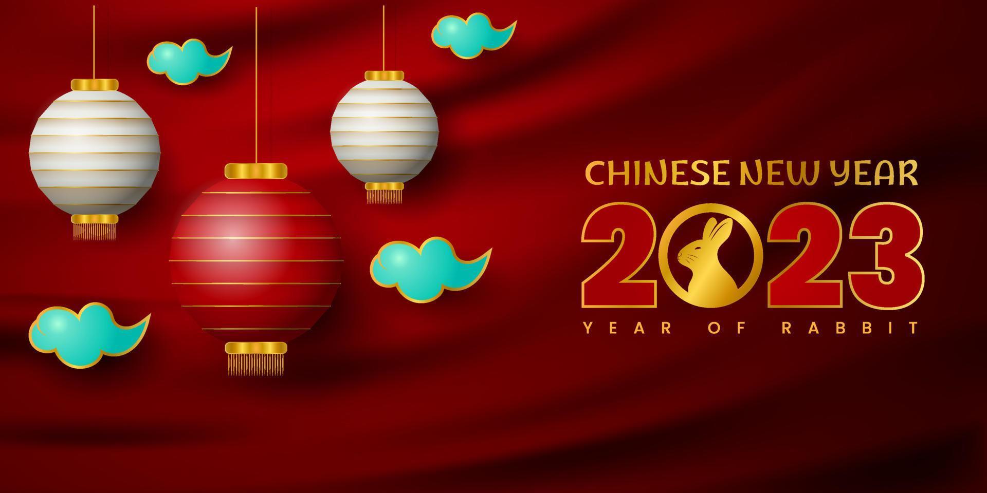 gelukkig Chinese nieuw jaar 2023 jaar van konijn achtergrond. feestelijk geschenk kaart Sjablonen met realistisch 3d ontwerp elementen. spandoeken, web poster, flyers en brochures, groet kaarten. vector