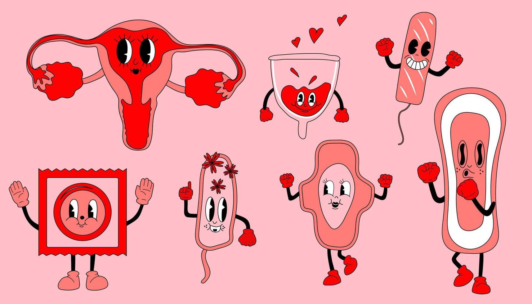 reeks van retro mascotte vrouw menstruatie- kop met harten, vrouw kussen, tampon, orgaan karakter vrouw voortplantings- systeem baarmoeder, condoom. meisje hygiëne producent. vector illustratie