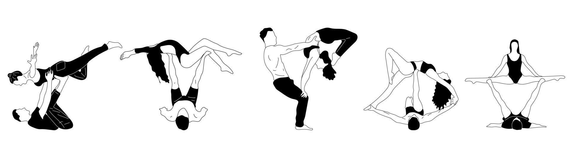 reeks van paar mensen aan het doen yoga illustratie. yoga asana's voor paar yoga.hand getrokken schetsen vector