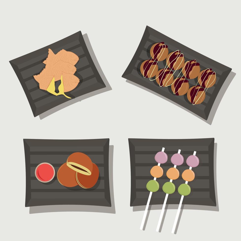 Japans nationaal keuken. vector illustratie van mochi, doroyaki en takoyaki.