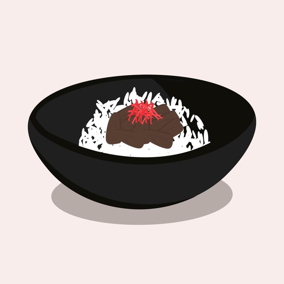 Japans nationaal keuken, Gyudon , rijst- met vlees en gember. vector illustratie.