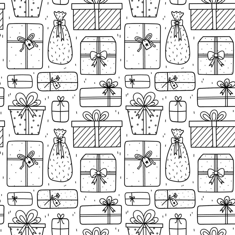 schattig Kerstmis naadloos patroon met geschenken. vector hand getekend tekening illustratie. feestelijk achtergrond met presenteert. perfect voor omhulsel papier, decoraties, behang, afdrukken, vakantie ontwerpen.