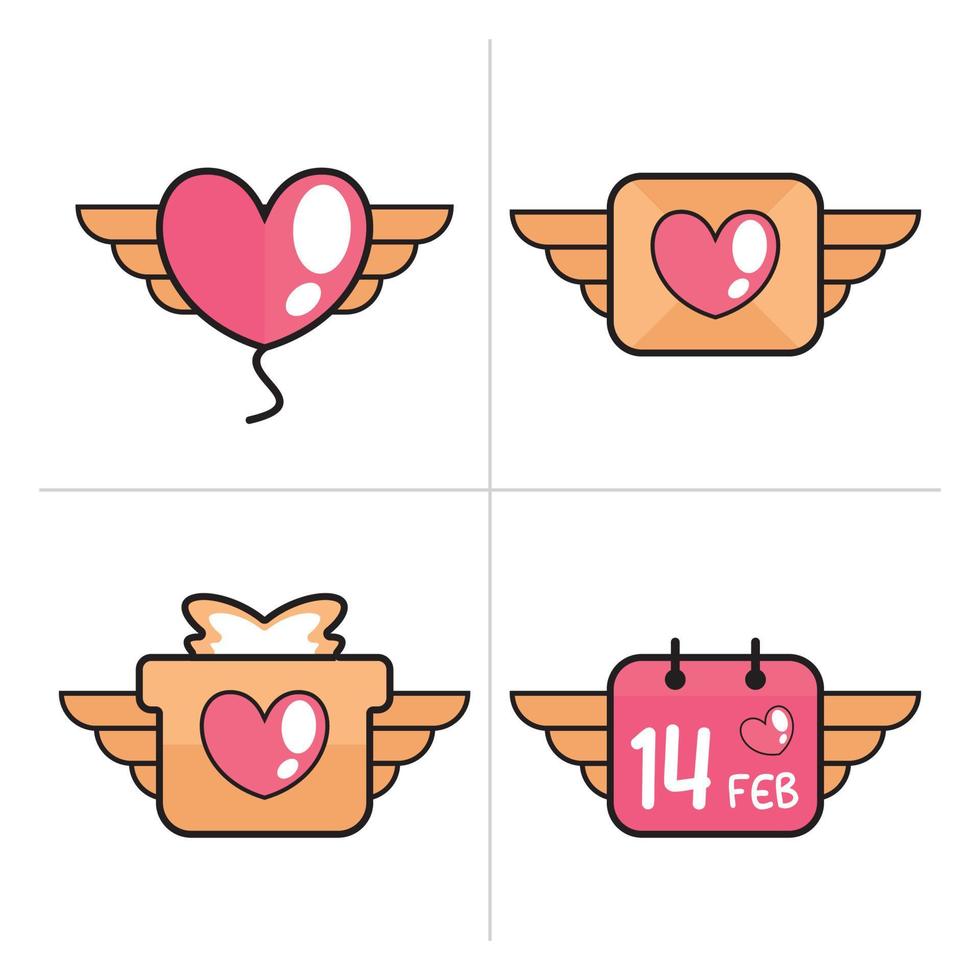 Valentijn icoon hart met Vleugels illustratie, gelukkig Valentijnsdag dag, ballon, brief, geschenk, datum vector