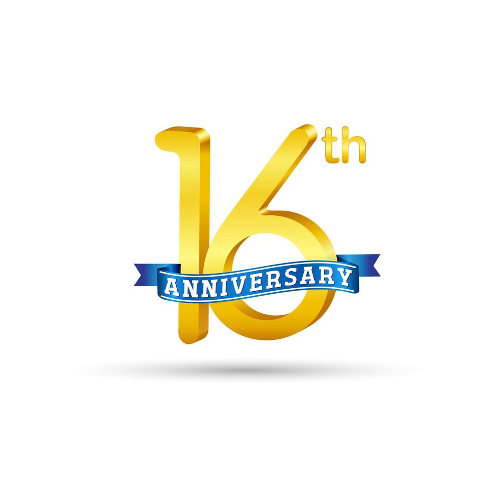 16e gouden verjaardag logo met blauw lint geïsoleerd Aan wit achtergrond. 3d goud verjaardag logo vector