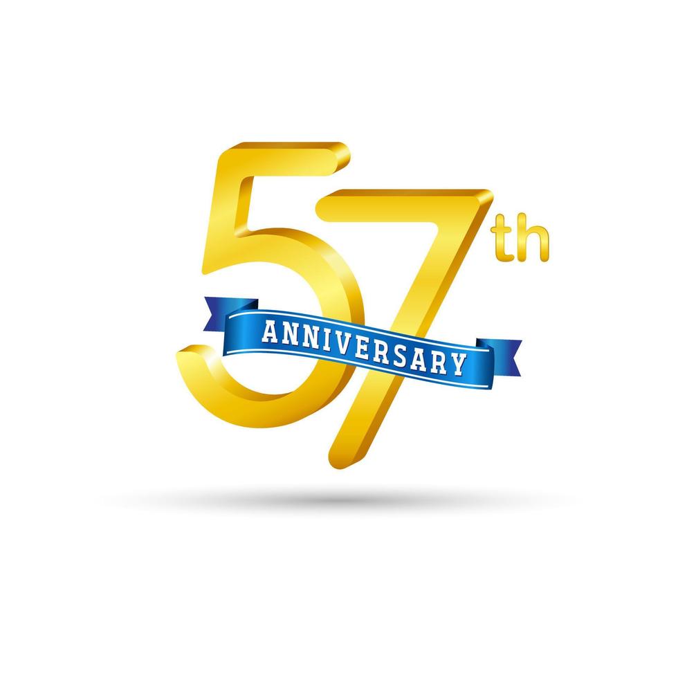 57e gouden verjaardag logo met blauw lint geïsoleerd Aan wit achtergrond. 3d goud verjaardag logo vector