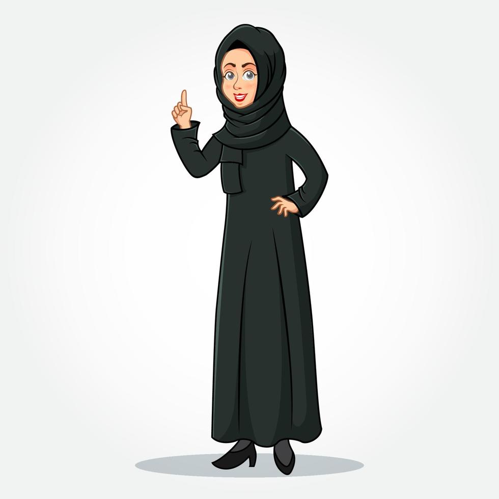 Arabisch zakenvrouw tekenfilm karakter in traditioneel kleren richten omhoog inhoudsopgave vinger gebaar vector