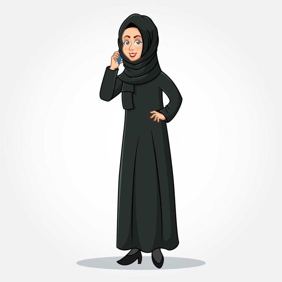 Arabisch zakenvrouw tekenfilm karakter in traditioneel kleren pratend Aan de mobiel telefoon vector