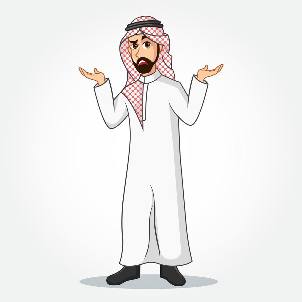 Arabisch zakenman tekenfilm karakter in traditioneel kleren verspreiden zijn handen naar de zijden tonen of presenteren iets vector