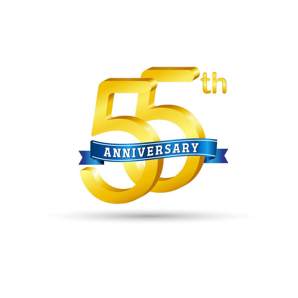 55ste gouden verjaardag logo met blauw lint geïsoleerd Aan wit achtergrond. 3d goud verjaardag logo vector