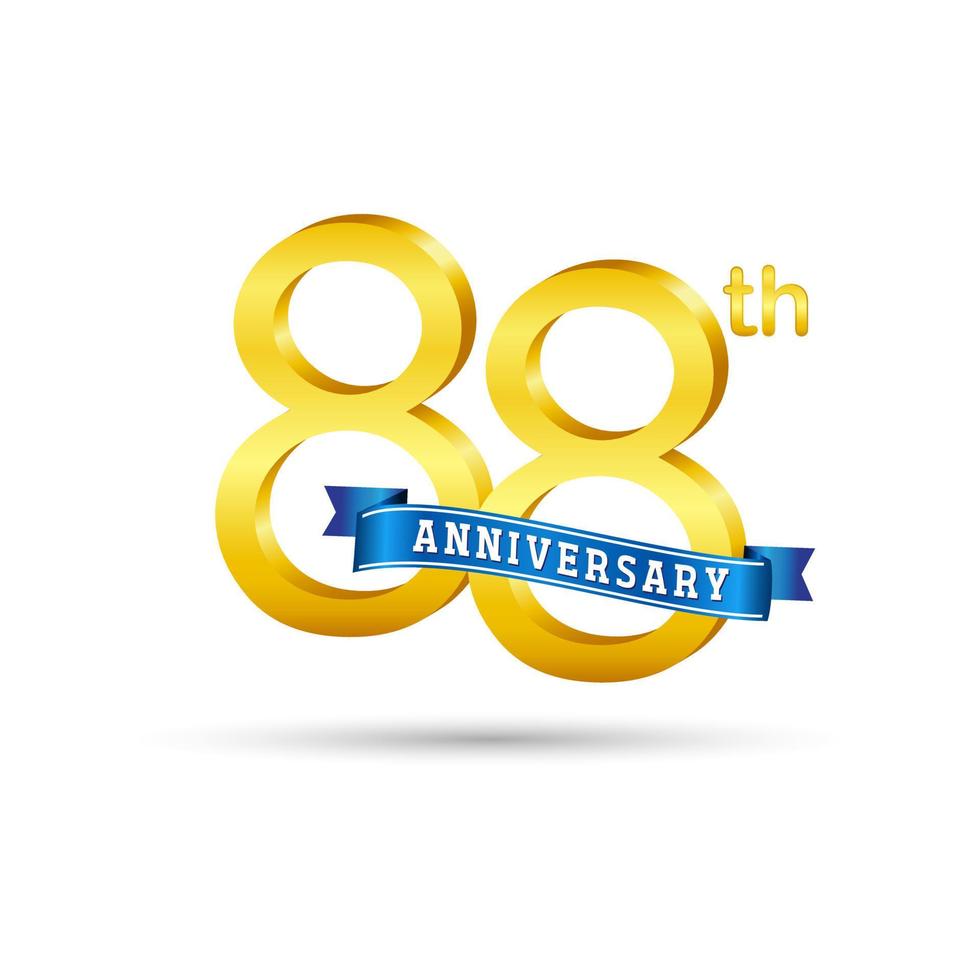 88e gouden verjaardag logo met blauw lint geïsoleerd Aan wit achtergrond. 3d goud verjaardag logo vector