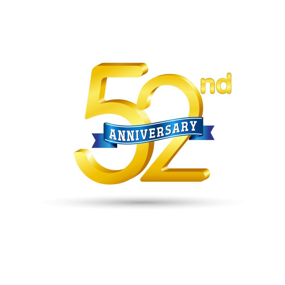 52e gouden verjaardag logo met blauw lint geïsoleerd Aan wit achtergrond. 3d goud verjaardag logo vector