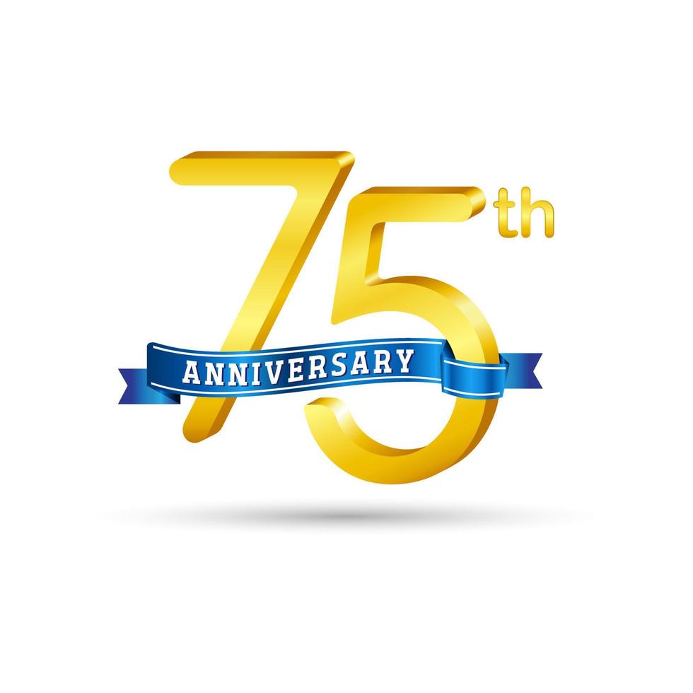 75ste gouden verjaardag logo met blauw lint geïsoleerd Aan wit achtergrond. 3d goud verjaardag logo vector