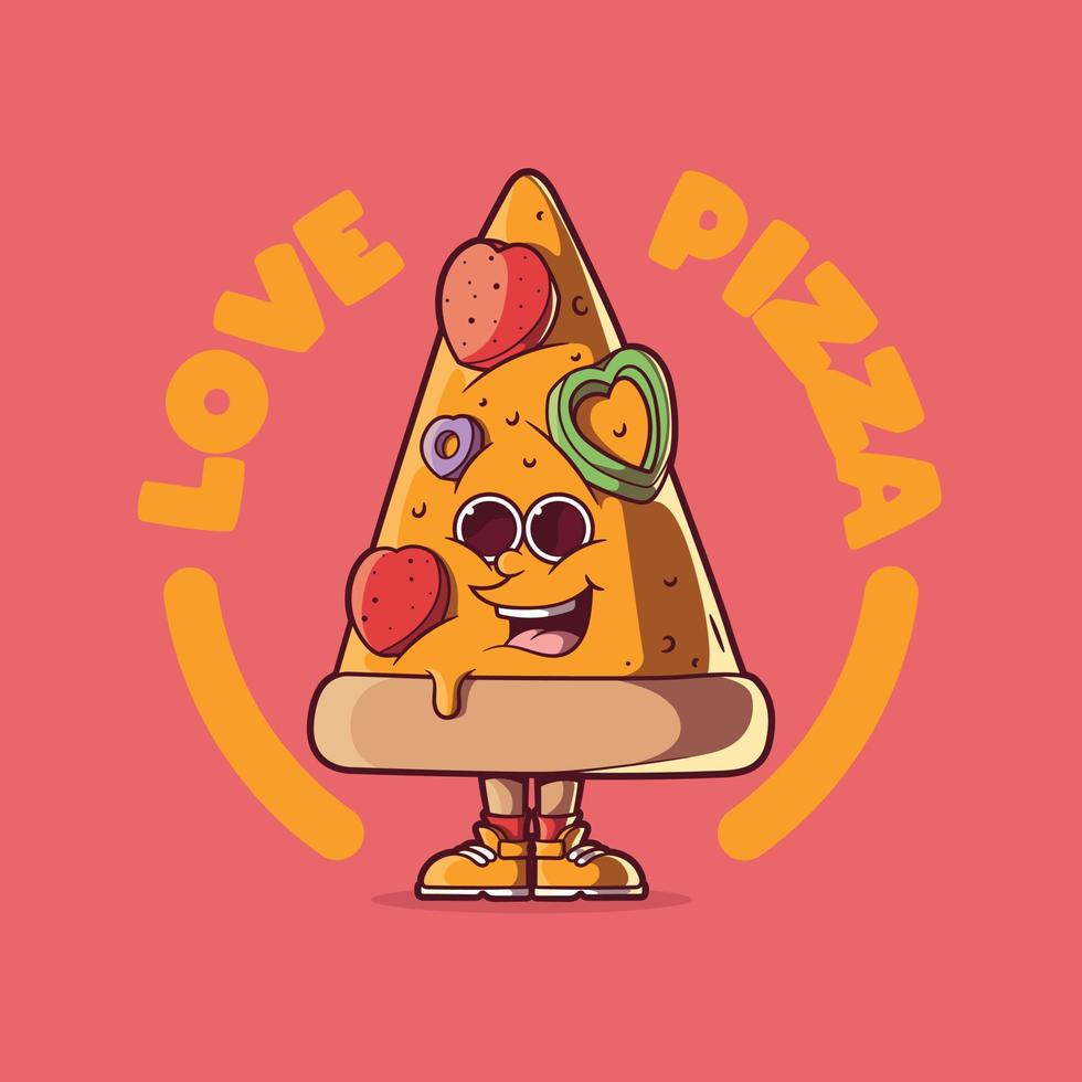 pizza plak karakter gevulde met liefde vector illustratie. voedsel, liefde, grappig ontwerp concept.