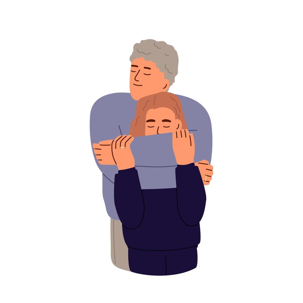 gelukkig liefde paar knuffelen. romantisch verhouding tussen Mens en vrouw. geliefde vrouw en echtgenoot. vector illustratie geïsoleerd Aan wit achtergrond