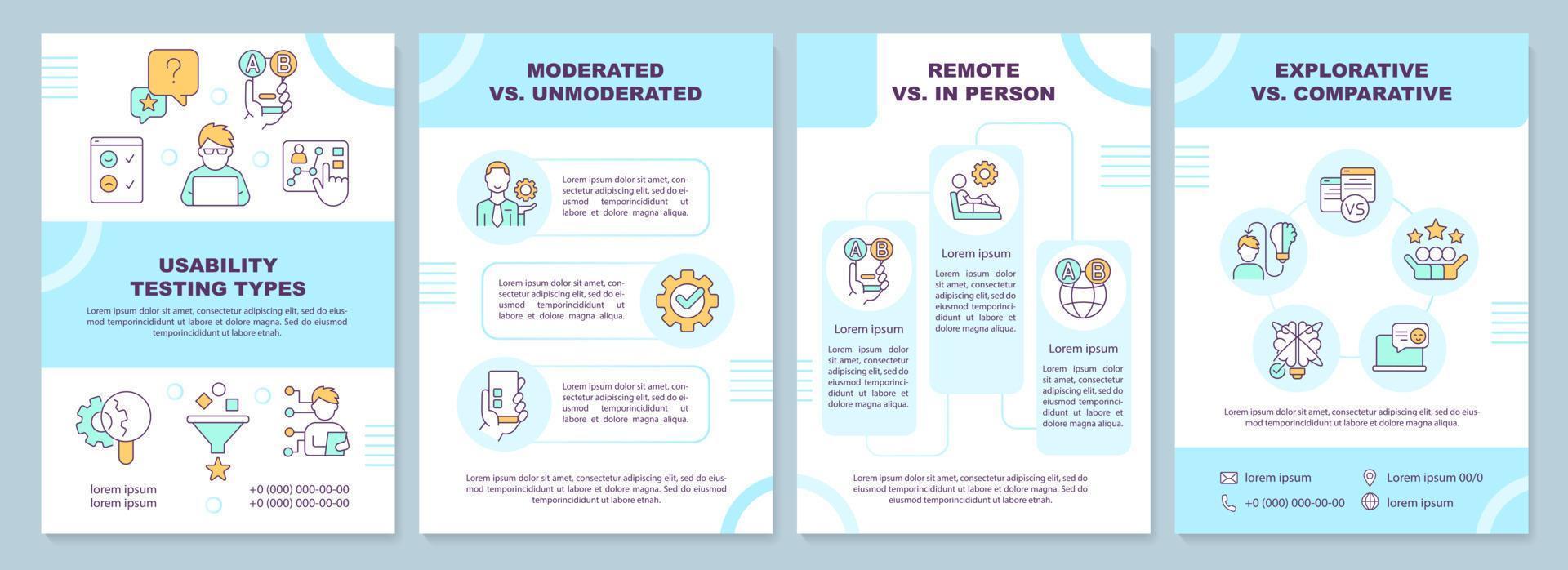 gebruiker testen types blauw brochure sjabloon. ux Onderzoek methoden. brochure ontwerp met lineair pictogrammen. bewerkbare 4 vector indelingen voor presentatie, jaar- rapporten