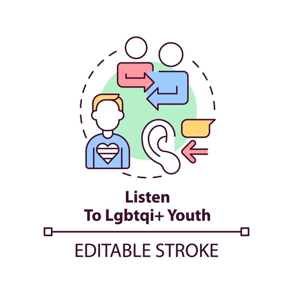 luister naar lgbtqi jeugd concept icoon. worden begrip. ondersteunen lgbt jeugd abstract idee dun lijn illustratie. geïsoleerd schets tekening. bewerkbare beroerte vector
