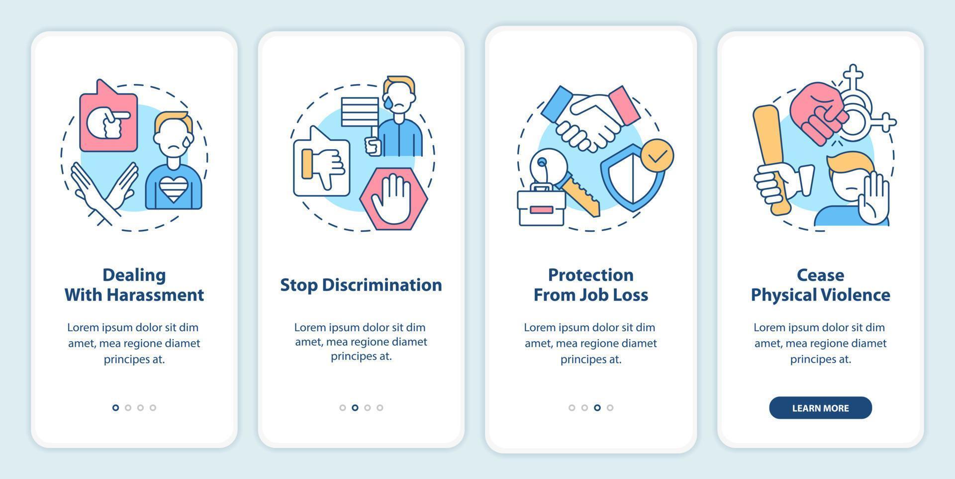 omgang met lgbt problemen onboarding mobiel app scherm. walkthrough 4 stappen bewerkbare grafisch instructies met lineair concepten. ui, ux, gui sjabloon vector