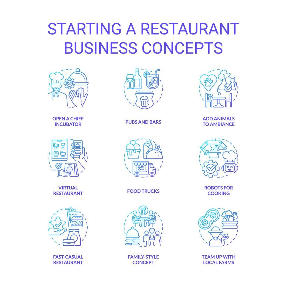 beginnend restaurant bedrijf blauw helling concept pictogrammen set. voedsel vrachtwagens en kroegen idee dun lijn kleur illustraties. planning beginnen. geïsoleerd symbolen vector