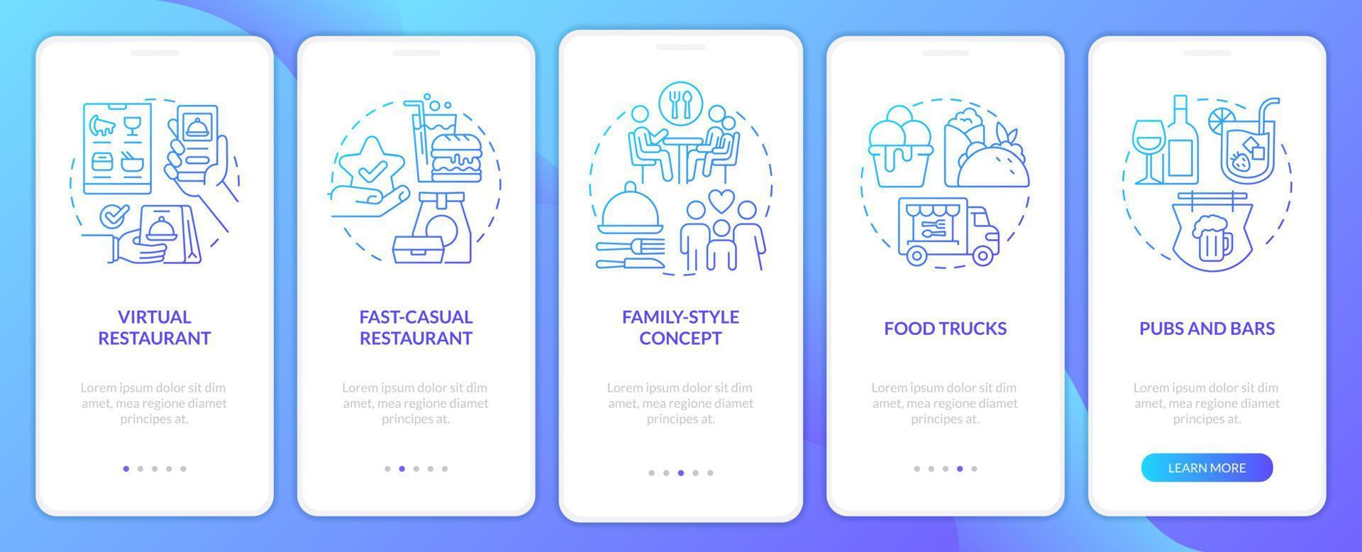 winstgevend restaurant bedrijf blauw helling onboarding mobiel app scherm. walkthrough 5 stappen grafisch instructies met lineair concepten. ui, ux, gui sjabloon vector