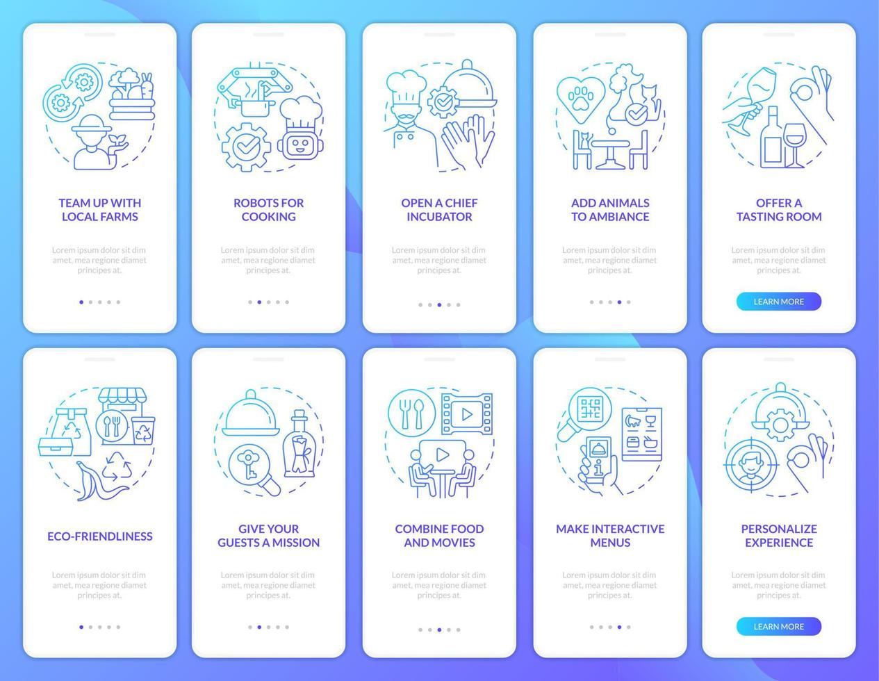 restaurant bedrijf plan blauw helling onboarding mobiel app scherm set. walkthrough 5 stappen grafisch instructies met lineair concepten. ui, ux, gui sjabloon vector