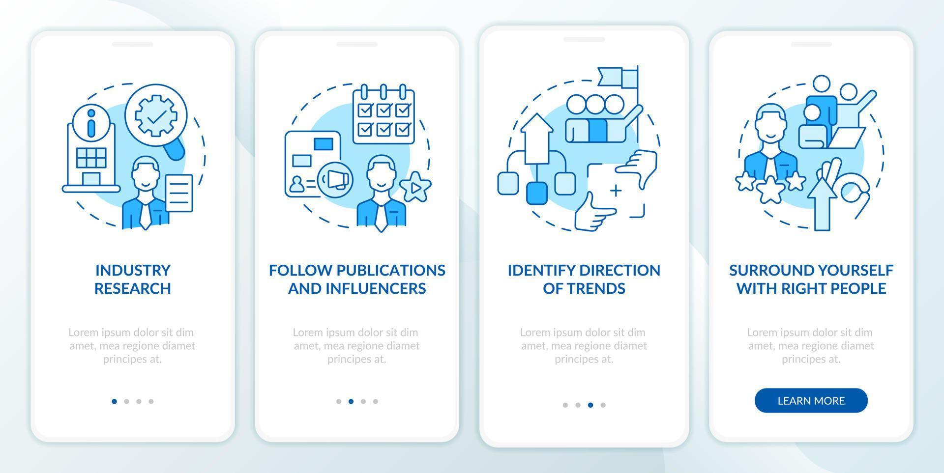 hoe naar identificeren trends blauw onboarding mobiel app scherm. beheer walkthrough 4 stappen bewerkbare grafisch instructies met lineair concepten. ui, ux, gui sjabloon vector