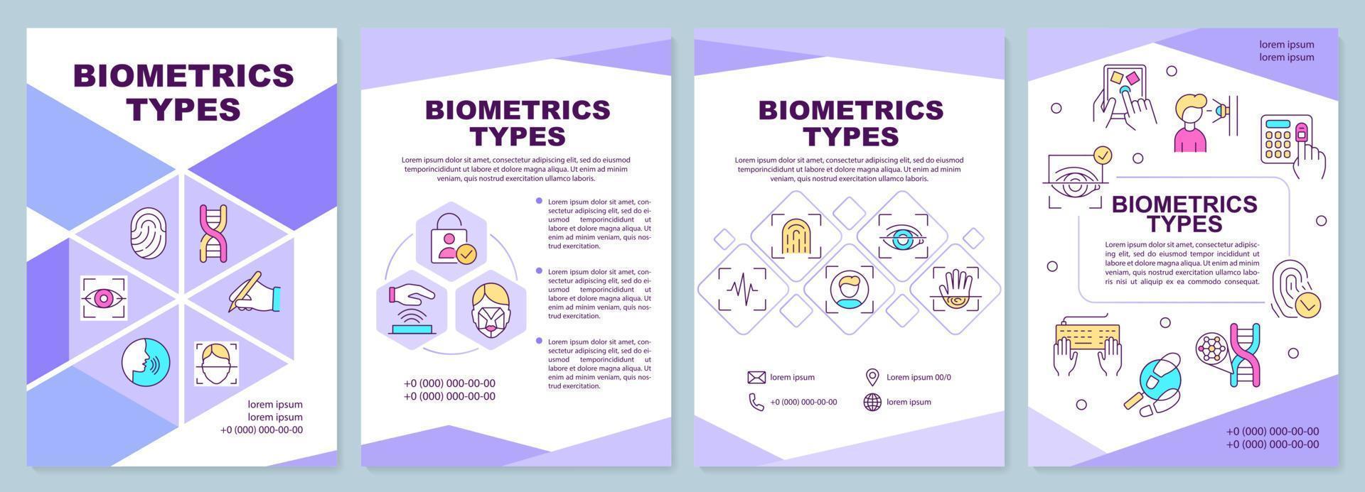 biometrie types Purper brochure sjabloon. digitaal identiteit. brochure ontwerp met lineair pictogrammen. bewerkbare 4 vector indelingen voor presentatie, jaar- rapporten