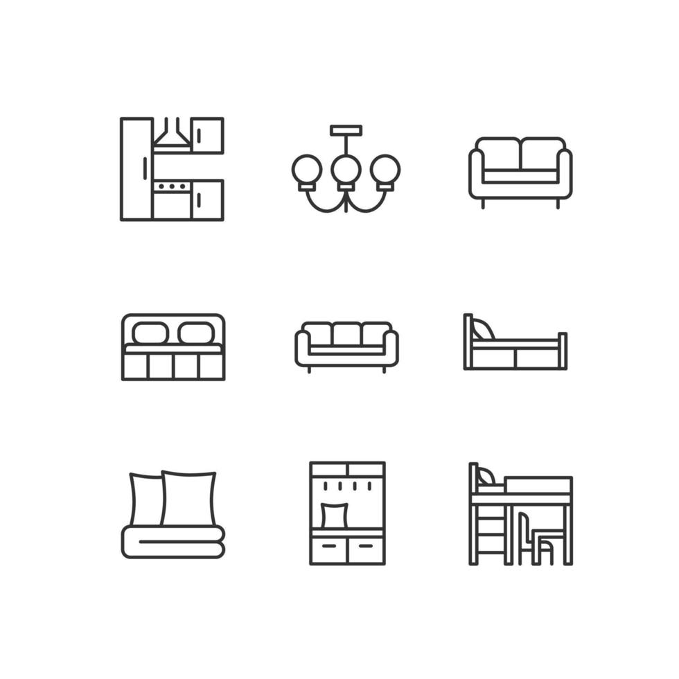 modern hedendaags meubilair winkel pixel perfect lineair pictogrammen set. slaapkamer en leven kamer. keuken huishoudelijke apparaten. aanpasbare dun lijn symbolen. geïsoleerd vector schets illustraties. bewerkbare beroerte